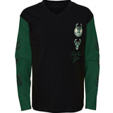 Youth Outerstuff Sleeve Hits Milwaukee Bucks Long Sleeve T-Shirt In Black & Green - Front View