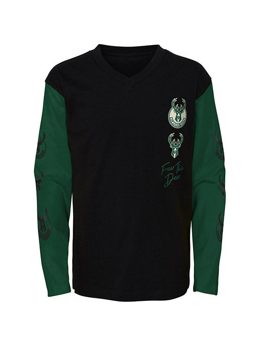 Youth Outerstuff Sleeve Hits Milwaukee Bucks Long Sleeve T-Shirt In Black & Green - Front View