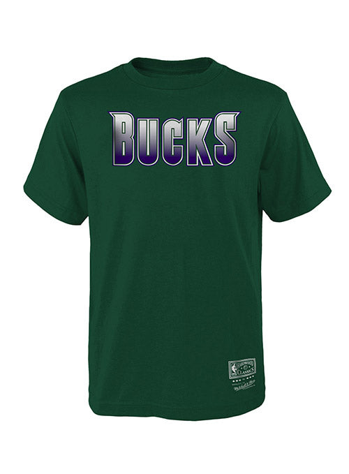 Youth Mitchell & Ness HWC '93 Basic Logo Milwaukee Bucks T-Shirt In Green - Front View