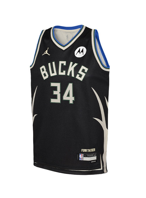 Youth Jordan 2022 Statement Edition Giannis Antetokounmpo Milwaukee Bucks Swingman Jersey In Black - Front View