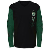 Juvenile Outerstuff Sleeve Hits Milwaukee Bucks Long Sleeve T-Shirt In Black & Green - Front View