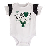 Infant Outerstuff I Love Basketball Milwaukee Bucks 3-Piece Onesie Set In White & Black - Onesie Front View