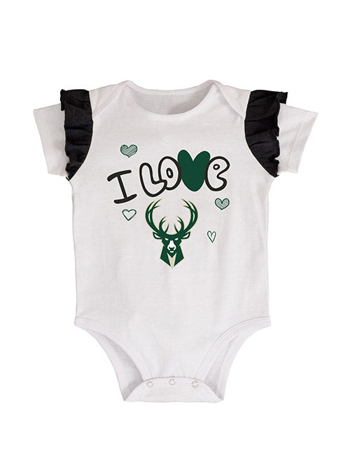 Infant Outerstuff I Love Basketball Milwaukee Bucks 3-Piece Onesie Set In White & Black - Onesie Front View