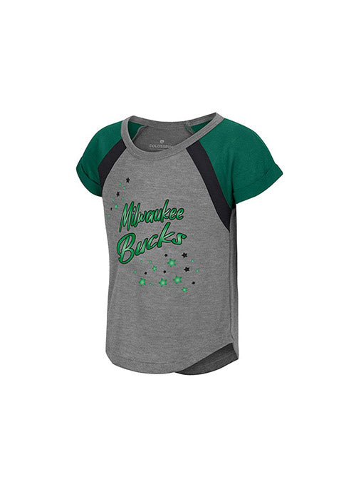 Toddler Girls Chloe Milwaukee Bucks T-Shirt In Grey, Green & Black - Front Left Side View