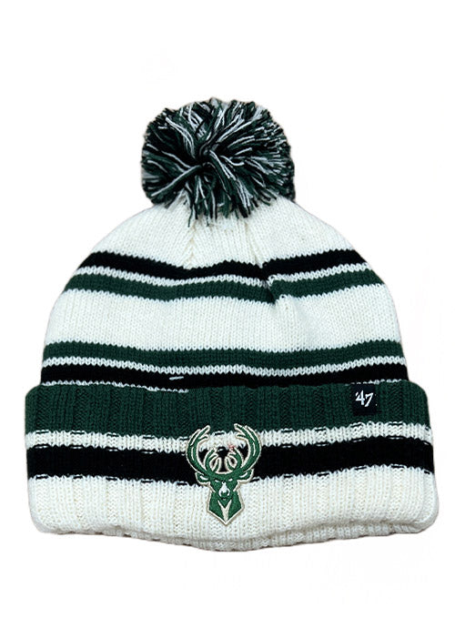Youth '47 Brand Driftway Cuff Pom Milwaukee Bucks Knit Hat In White, Green & Black - Front View
