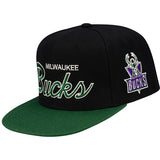 Mitchell & Ness HWC Team Script 2.0 Milwaukee Bucks Snapback Hat In Black & Green - Angled Left Side View