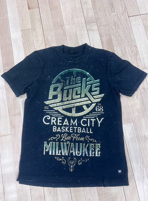 The Wild Collective Cream City Band Milwaukee Bucks T-Shirt In Blue - Front View