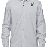 Antigua Stellar Icon Milwaukee Bucks Long Sleeve Button Down Shirt In Grey - Front View On Mannequin