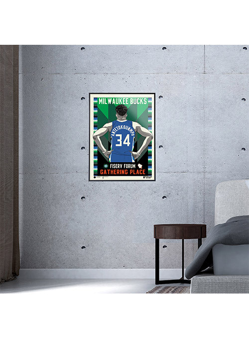 Phenom Gallery City Edition 2022 Milwaukee Bucks Framed Serigraph In Blue & Green - Front View Of Frame Example On Wall