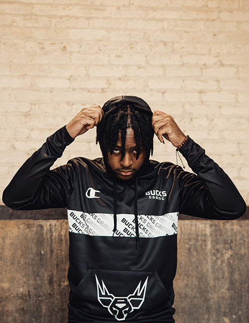 Champion Teaming Bucks Gaming Hooded Sweatshirt In Black - Front View On Model