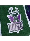 Mitchell & Ness Team Marble Milwaukee Bucks Swingman Shorts In Green, Purple & White - Zoom View On Left Leg Logo