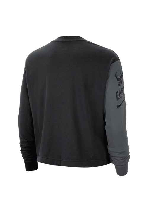 Women's Nike Boxy ESS Versus Milwaukee Bucks Long Sleeve T-Shirt In Black, Green & Grey - Back View