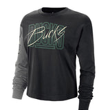 Women's Nike Boxy ESS Versus Milwaukee Bucks Long Sleeve T-Shirt In Black, Green & Grey - Front View