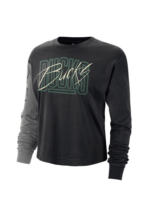 Women's Nike Boxy ESS Versus Milwaukee Bucks Long Sleeve T-Shirt In Black, Green & Grey - Front View