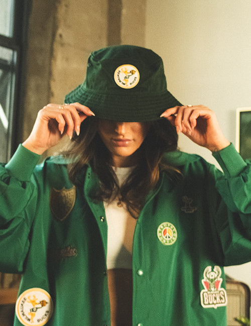 Bucks In Six x Trophy Hunting Milwaukee Bucks Bucket Hat-female model