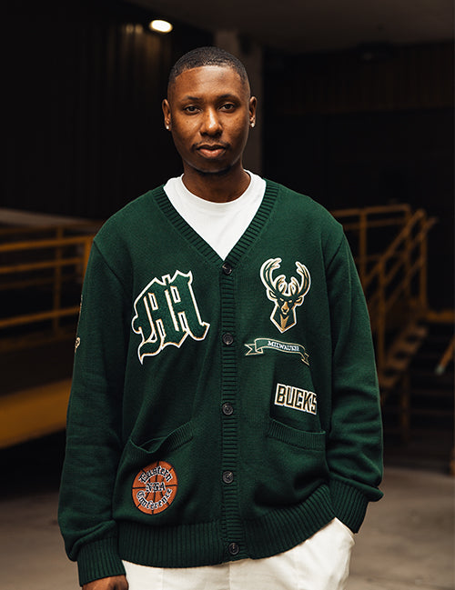 Pro Standard Holiday 2024 Icon Milwaukee Bucks Knit Cardigan-model front