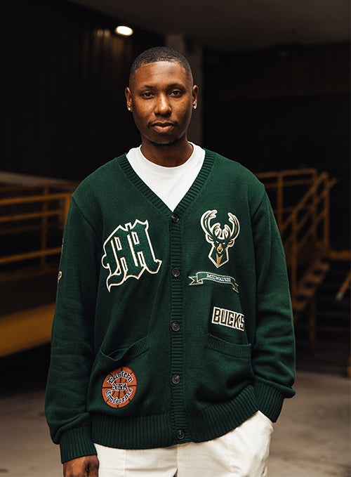 Pro Standard Holiday 2024 Icon Milwaukee Bucks Knit Cardigan-model front