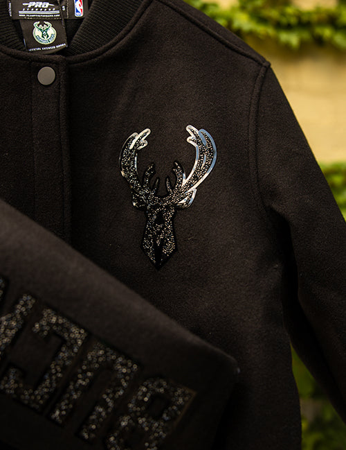Women's Pro Standard Vanguard Washed Milwaukee Bucks Varsity Jacket-front close up