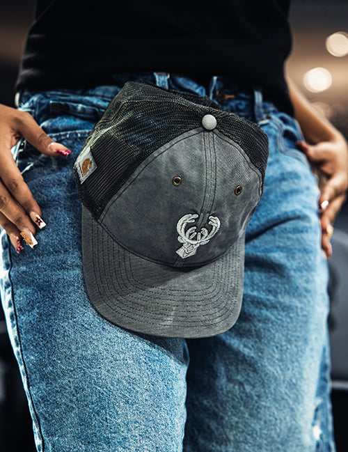 '47 Brand x Carhartt Garment Dyed Milwaukee Bucks Trucker Snapback Hat-on model