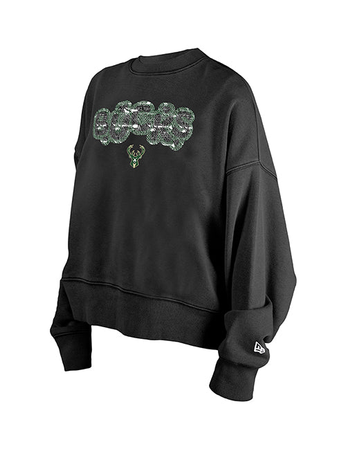 Youth Girl's New Era Sequin Milwaukee Bucks Crewneck Sweatshirt-front