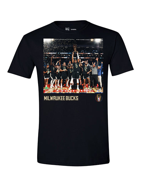 Item of the Game 2024 NBA Cup Champions Milwaukee Bucks Photo Reel T-Shirt