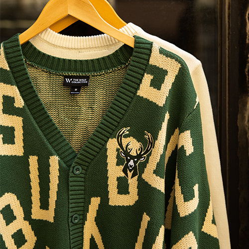 Bucks In Six x The Wild Collective Letter Scramble Milwaukee Bucks Button Cardigan-front