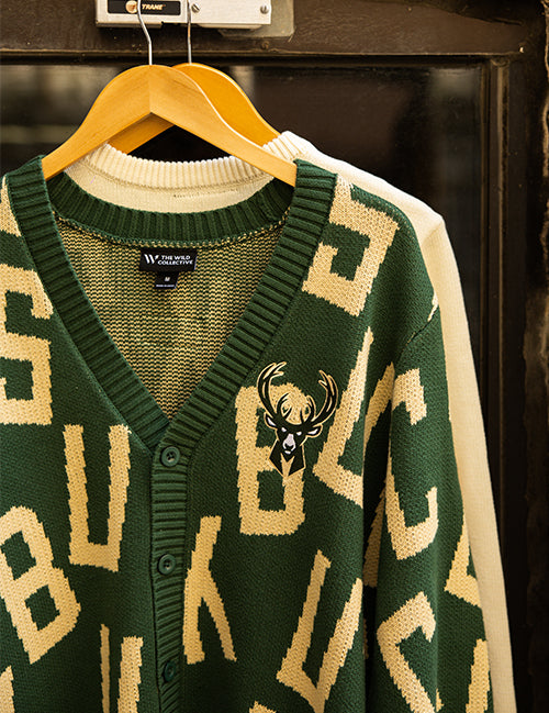 Bucks In Six x The Wild Collective Letter Scramble Milwaukee Bucks Button Cardigan-front