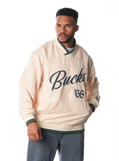 The Wild Collective Wordmark Milwaukee Bucks Windbreaker Pullover-male model