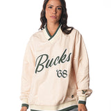 The Wild Collective Wordmark Milwaukee Bucks Windbreaker Pullover-female model