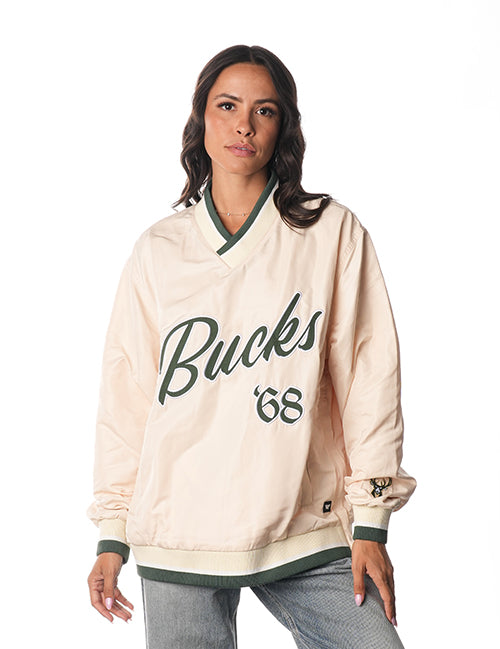 The Wild Collective Wordmark Milwaukee Bucks Windbreaker Pullover-female model