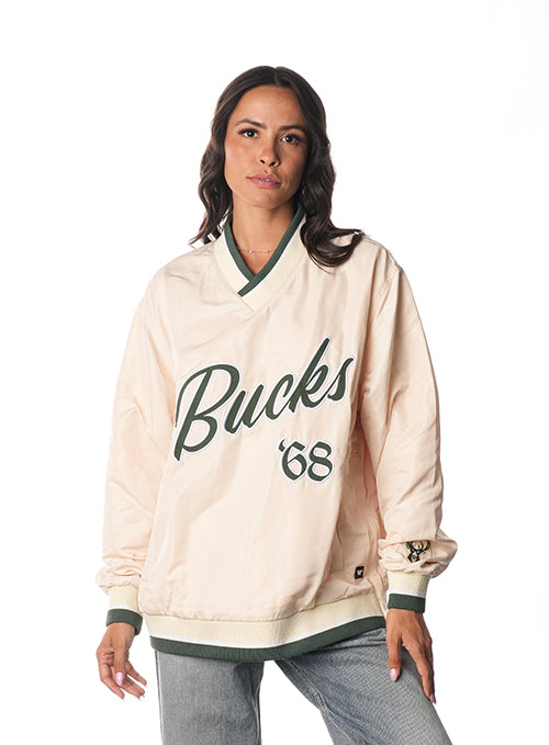 The Wild Collective Wordmark Milwaukee Bucks Windbreaker Pullover-female model