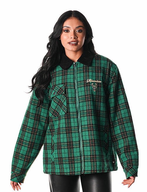 The Wild Collective x Bucks In Six Plaid Milwaukee Bucks Jacket-woman front