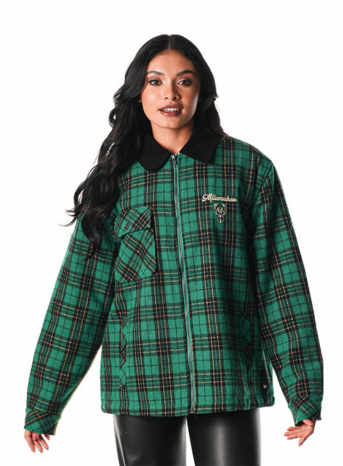 The Wild Collective x Bucks In Six Plaid Milwaukee Bucks Jacket-woman front