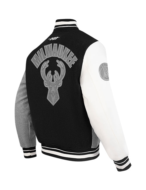 Pro Standard Reverse Terry Milwaukee Bucks Varsity Wool Jacket-back, angled