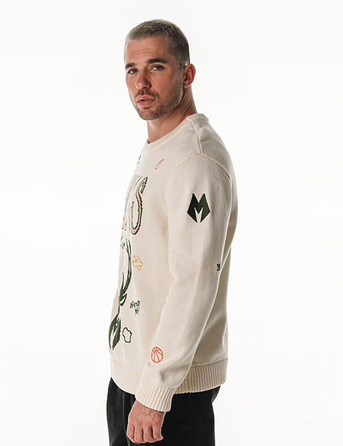 Bucks In Six x The Wild Collective All Over Print Jacquard Milwaukee Bucks Crewneck Sweatshirt-left