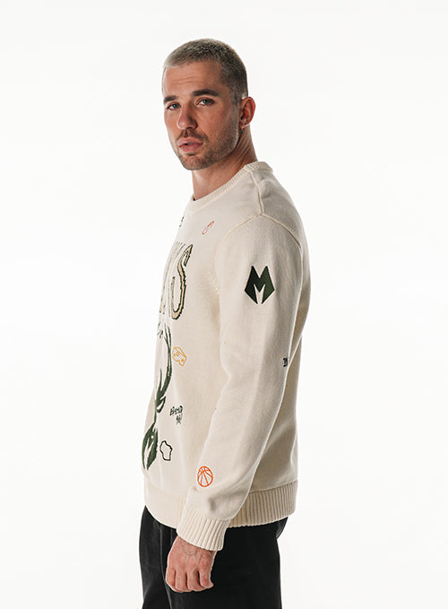 Bucks In Six x The Wild Collective All Over Print Jacquard Milwaukee Bucks Crewneck Sweatshirt-left