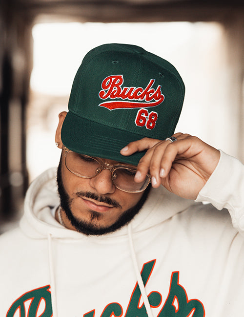 Bucks In Six x Roots Of Fight '68 Script Milwaukee Bucks Snapback Hat-model