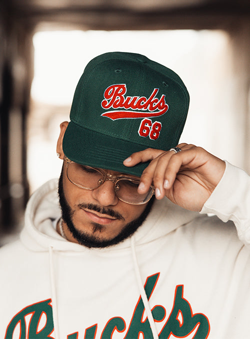 Bucks In Six x Roots Of Fight '68 Script Milwaukee Bucks Snapback Hat-model