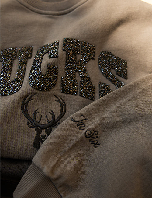 Women's Bucks In Six x The Wild Collective Crystal Milwaukee Bucks Crewneck Sweatshirt- close up