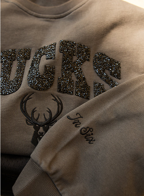 Women's Bucks In Six x The Wild Collective Crystal Milwaukee Bucks Crewneck Sweatshirt- close up