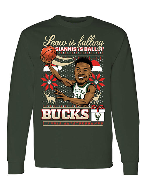 Bucks Pro Shop 2025 Holiday Sweater Giannis Antetokounmpo Milwaukee Bucks Long Sleeve T-Shirt