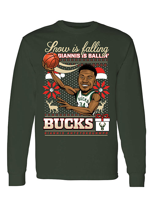 Bucks Pro Shop 2025 Holiday Sweater Giannis Antetokounmpo Milwaukee Bucks Long Sleeve T-Shirt