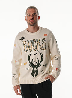 Bucks In Six x The Wild Collective All Over Print Jacquard Milwaukee Bucks Crewneck Sweatshirt-front