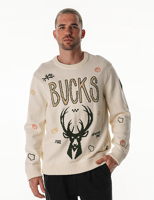 Bucks In Six x The Wild Collective All Over Print Jacquard Milwaukee Bucks Crewneck Sweatshirt-front