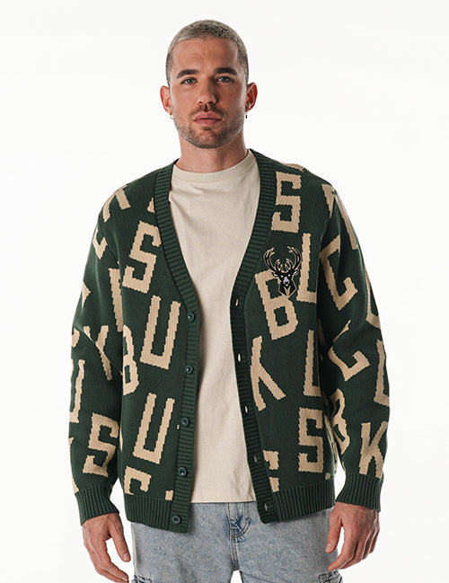 Bucks In Six x The Wild Collective Letter Scramble Milwaukee Bucks Button Cardigan-front