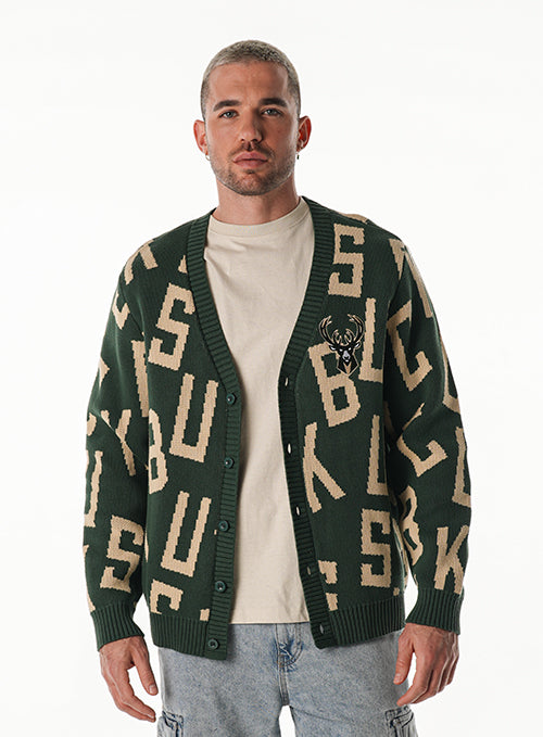 Bucks In Six x The Wild Collective Letter Scramble Milwaukee Bucks Button Cardigan-front