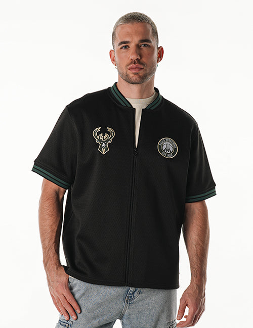 Bucks In Six x The Wild Collective 3 Line Milwaukee Bucks Mesh Zip-Up Jersey T-Shirt-front