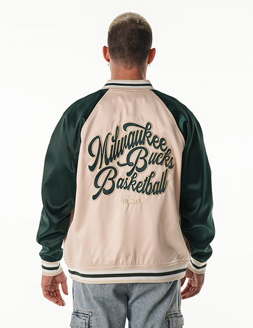 Bucks In Six x The Wild Collective 3 Line Milwaukee Bucks Satin Jacket-back