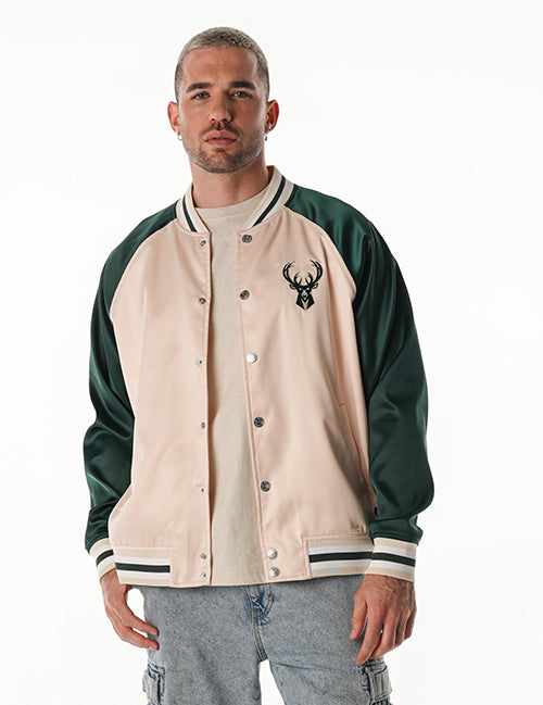 Bucks In Six x The Wild Collective 3 Line Milwaukee Bucks Satin Jacket-front
