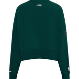 A dark green cropped crewneck sweatshirt shown from the back, featuring small white graphic prints on the upper back and both cuffs, set against a plain white background.